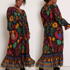 Anthropologie Farm Rio Georgette Floral Maxi Dress Boho Artsy Parrot Womens XL